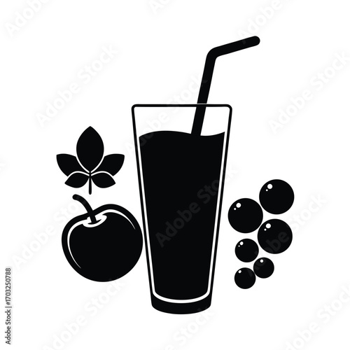 Vector silhouette illustration of juice glass with fruits vector line art on white background