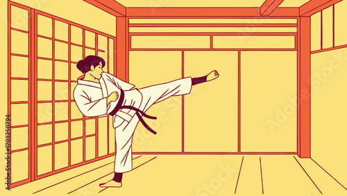 Martial artist executes a powerful kick during training session in dojo.