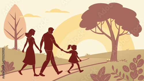 Family walking together in nature vector illustration happy family outdoor scene