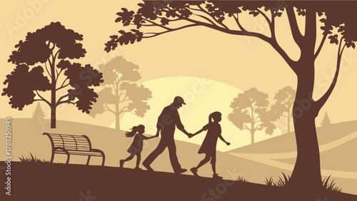 Silhouette of father and daughters walking in park family time outdoor activity happy day