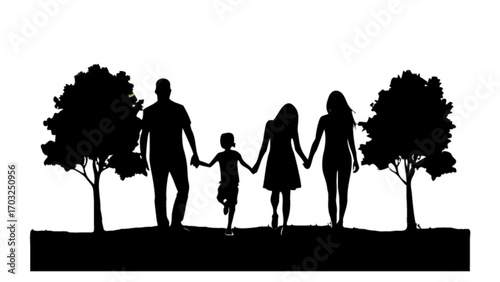 Family silhouette vector art: parents and child walking together in nature scene art