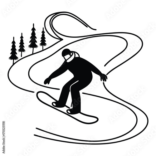 Black Silhouette Vector of Snowboarder with Trail Effect