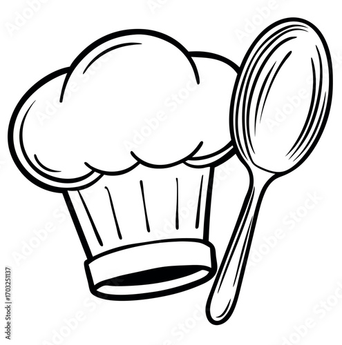A whimsical vector cartoon of a chef hat with a spoon is a fun cooking symbol