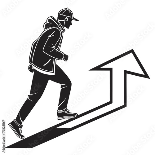 Man climbing up an arrow shaped shadow representing progress and ambition.
