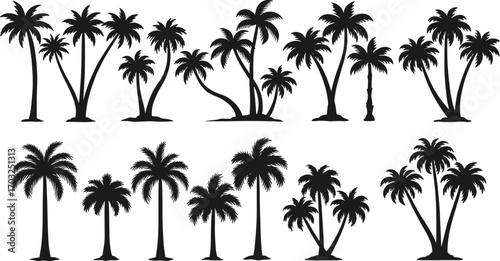 Tropical palm tree silhouette collection, coconut tree vector set, exotic summer beach decoration, black palm island nature illustration design elements
