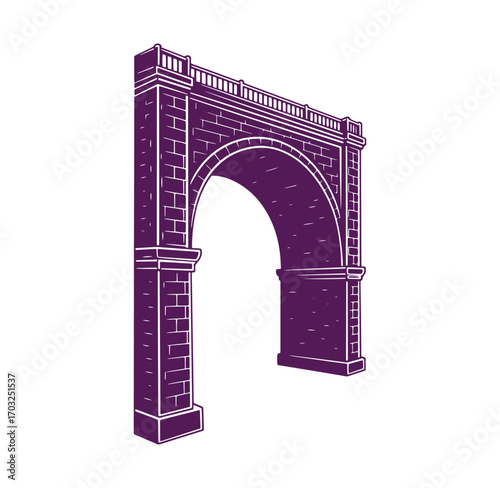 Architectural illustration of a stone arch bridge isolated on white background in vintage style