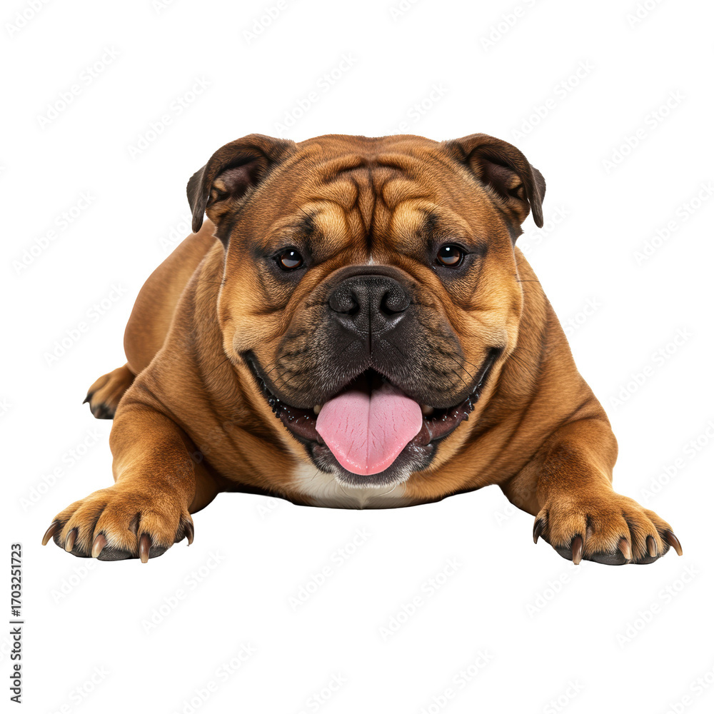 Obraz premium A happy brown bulldog lies down, facing forward with its tongue out, looking directly at the camera. Perfect for pet related content.
