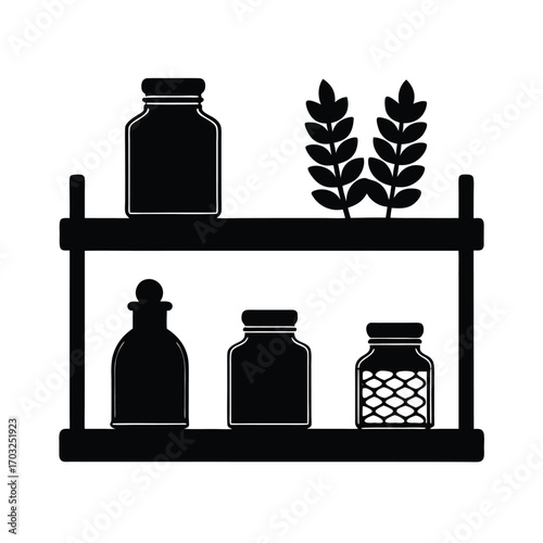Vector silhouette of a kitchen shelf with jars of food vector line art on white background