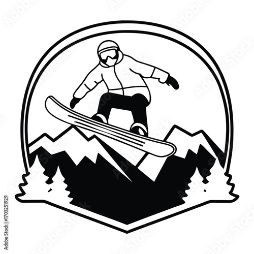 Flat Vector of Snowboarder Badge with Mountain