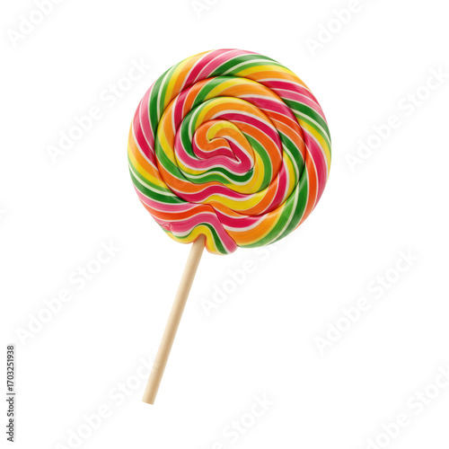 Wallpaper Mural A vibrant, colorful swirl lollipop on a stick, featuring a classic spiral design in multiple bright hues. Perfect for sweet treats, childhood, and candy themes. Torontodigital.ca