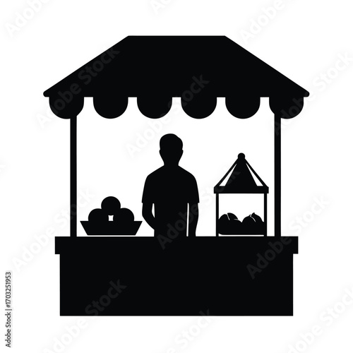 Vector silhouette of a market stand selling organic produce vector line art on white background