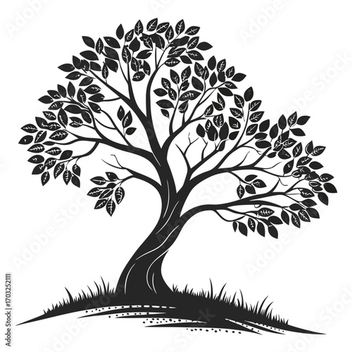 Silhouette of a majestic tree with lush foliage and a sturdy trunk, standing tall.