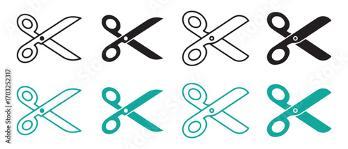 Set of scissor icons. isolated on white background in different styles.