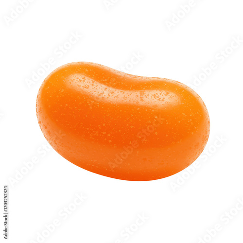 A single vibrant orange jelly bean with a glossy finish, perfect for sweet snack promotions or colorful candy designs.