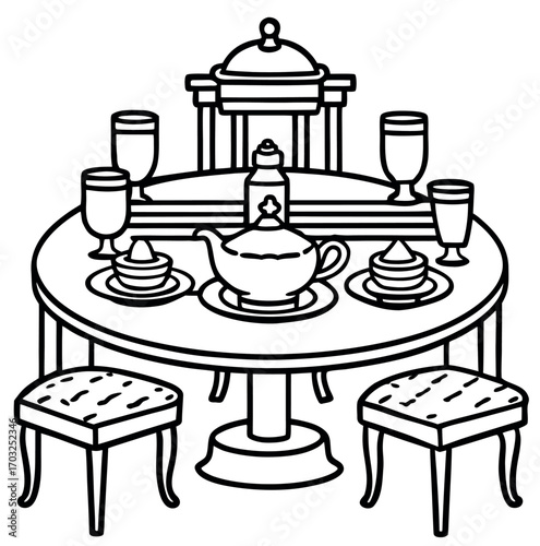 Vector illustration of a restaurant table with a set of food, coffee, and tea icons