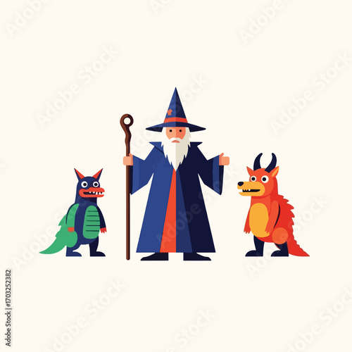 Wizard with two dragons, cartoon illustration, fantasy characters.