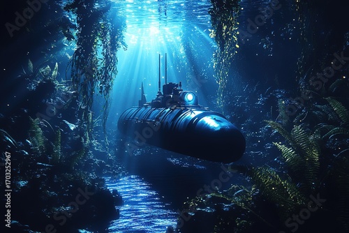 submarine floating silently in glowing underwater forest at night