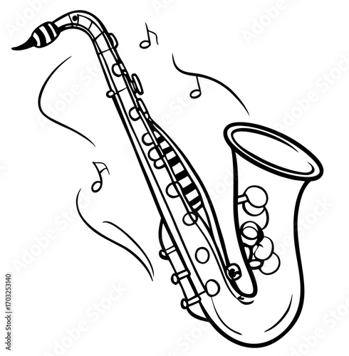 A brass saxophone, an iconic jazz instrument, creates sound with musical notes as part of an orchestra