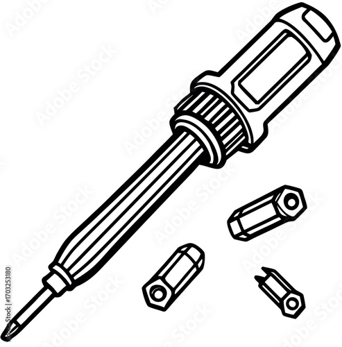Isolated 3D render of a set of metallic screwdrivers and bits on a white background, essential equipment for industry and repair work