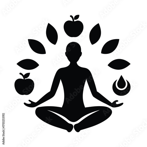Vector silhouette of yoga pose surrounded by organic elements vector line art on white background