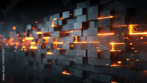 Abstract firewall wall with glowing edges, digital security, futuristic technology, dark background, orange light, cyber protection