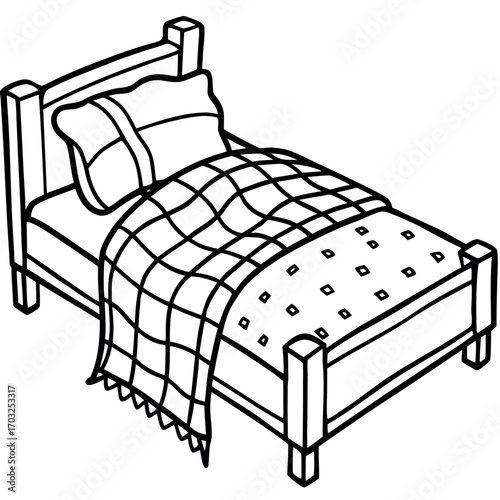 Cartoon vector icon of a bed in a bedroom for home or hotel interior design, drawing, and print