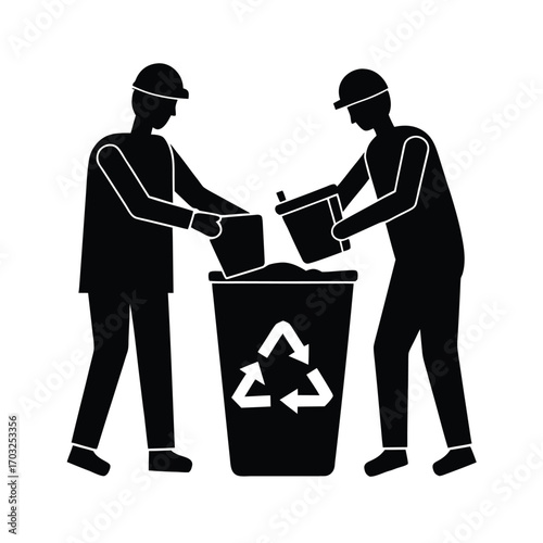 Workers sorting recyclable waste into bins for clean environment vector line art on white background