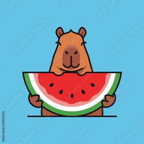 A cute cartoon capybara happily eating a large slice of red watermelon against a light blue background.