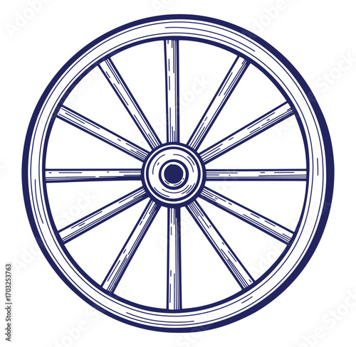 Detailed blue and white hand drawn antique wagon wheel isolated on white background