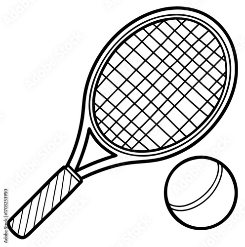 A yellow tennis ball rests on a black and white tennis racket, a fun recreation object isolated for game illustration
