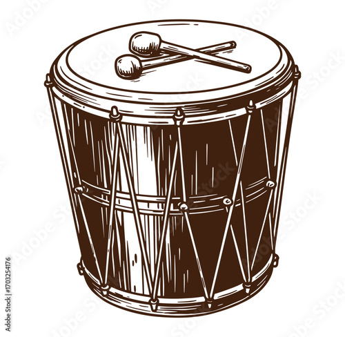Detailed brown drum illustration with crossed drumsticks on a white isolated background
