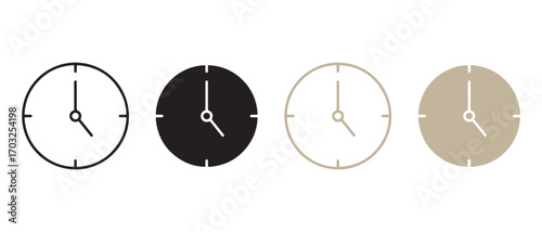 Clock icon set. isolated on white background showing time at five o clock.