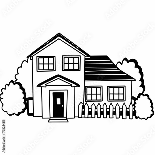 Black and white illustration of suburban family house with fence and bushes
