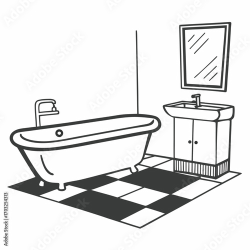 Black and white illustration of bathroom with clawfoot bathtub and vanity
