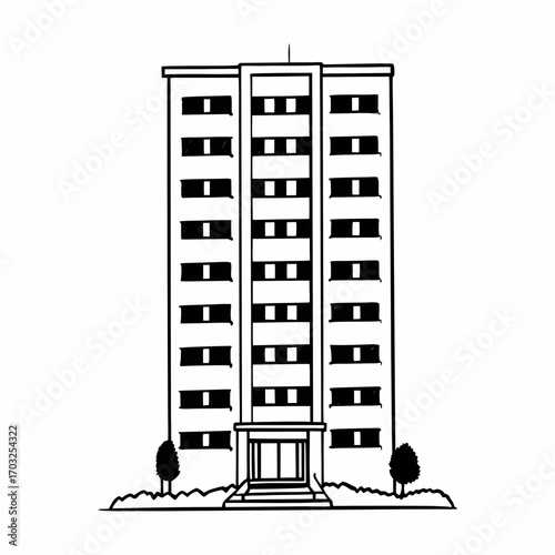 Minimalist line icon of high rise apartment building facade
