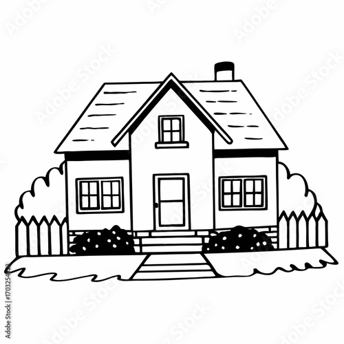 Black and white illustration of cozy suburban house with fence and bushes
