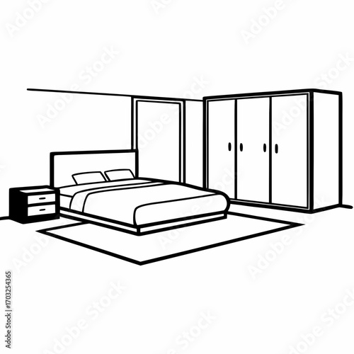 Black and white illustration of modern bedroom with bed wardrobe and nightstand
