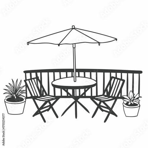 Black and white illustration of balcony furniture with table chairs umbrella and potted plants
