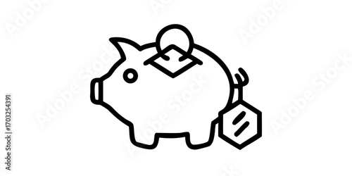 Minimalist line icon of piggy bank with coin and price tag

