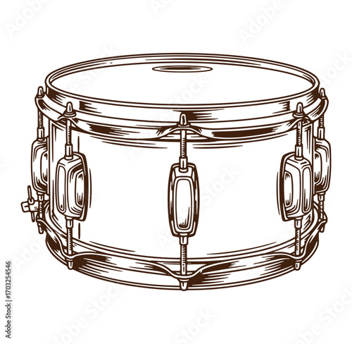 Detailed engraved illustration of a snare drum in a classic vintage style on white background