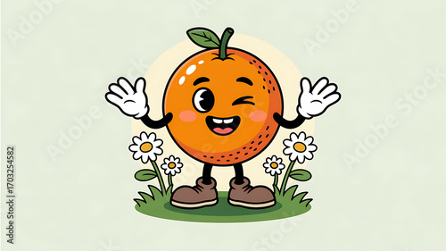 A playful cartoon orange with a winking face and open arms is standing in a field of daisies.