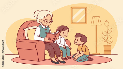 Grandmother reading a book to grandchildren.