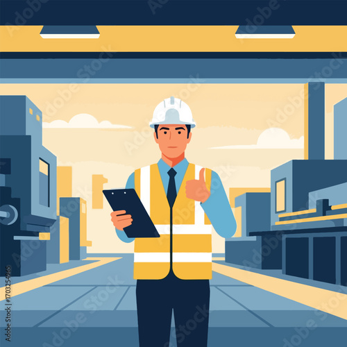 An engineer in a factory setting, wearing a safety vest and helmet, giving a thumbs up.