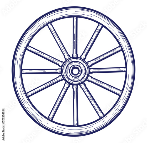 Detailed engraved illustration of a wooden wheel suitable for vintage transportation or rustic themes