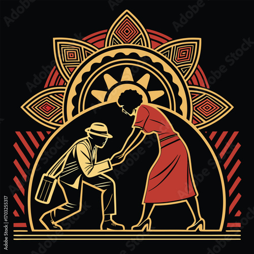 Man proposing to woman in a stylized, culturally rich setting.