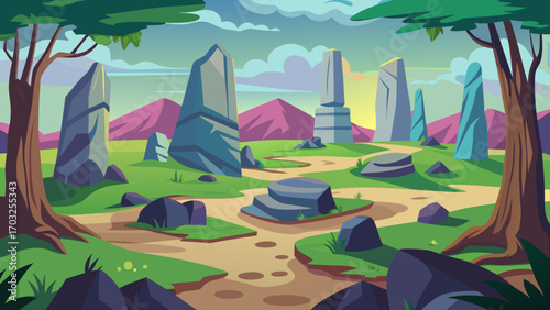 Vector art of a whimsical cartoon landscape with unique rock formations, a winding path, and lush trees framing a view of distant mountains under a partly cloudy sky