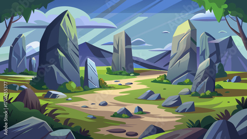 Vector art of a serene landscape featuring ancient menhirs scattered across a green field, framed by trees and distant mountains under a cloudy sky