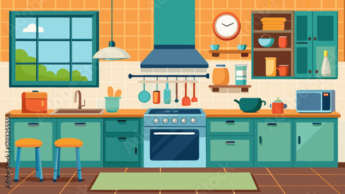 Vector art of a vibrant cartoon kitchen with orange walls, blue cabinets, and a variety of cooking tools, creating a cheerful and wellequipped culinary environment