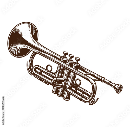 Detailed hand drawn illustration of a trumpet showing musical instrument details on white background