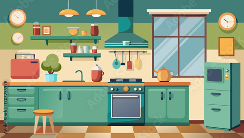 Vector art of a charming cartoon kitchen scene featuring green cabinets, a checkered floor, and various cooking utensils, creating a delightful and functional space